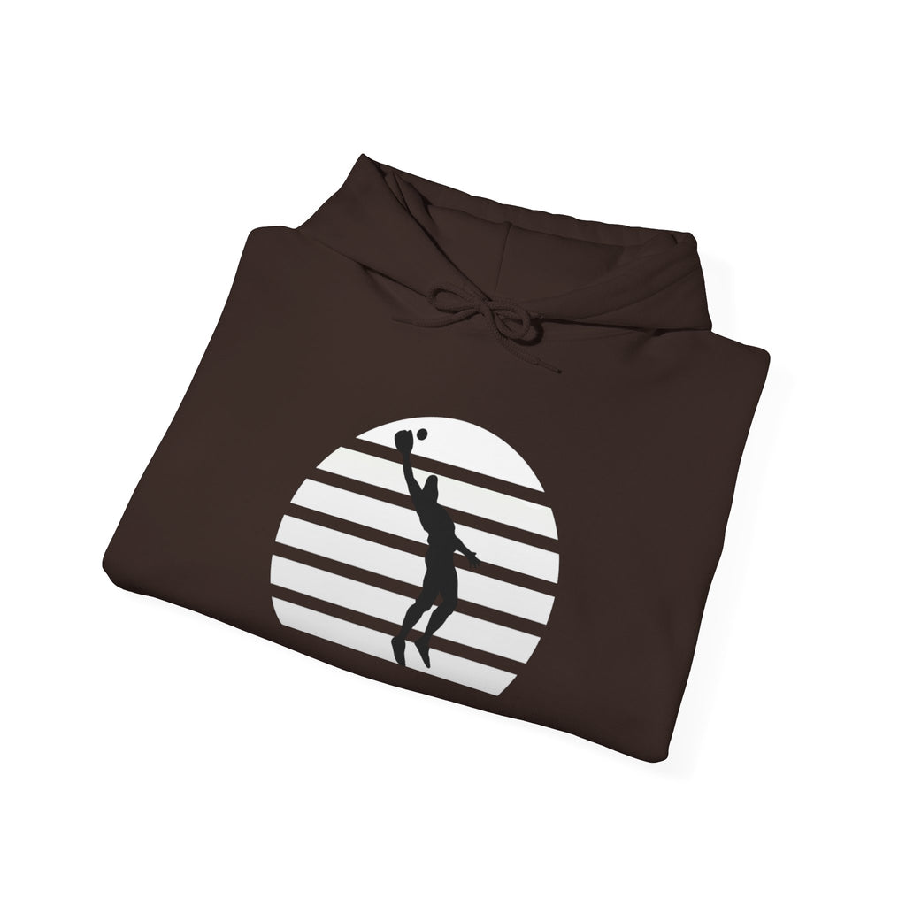 Baseball Silhouette Hoodie - Retro Striped Jumping Catch Design