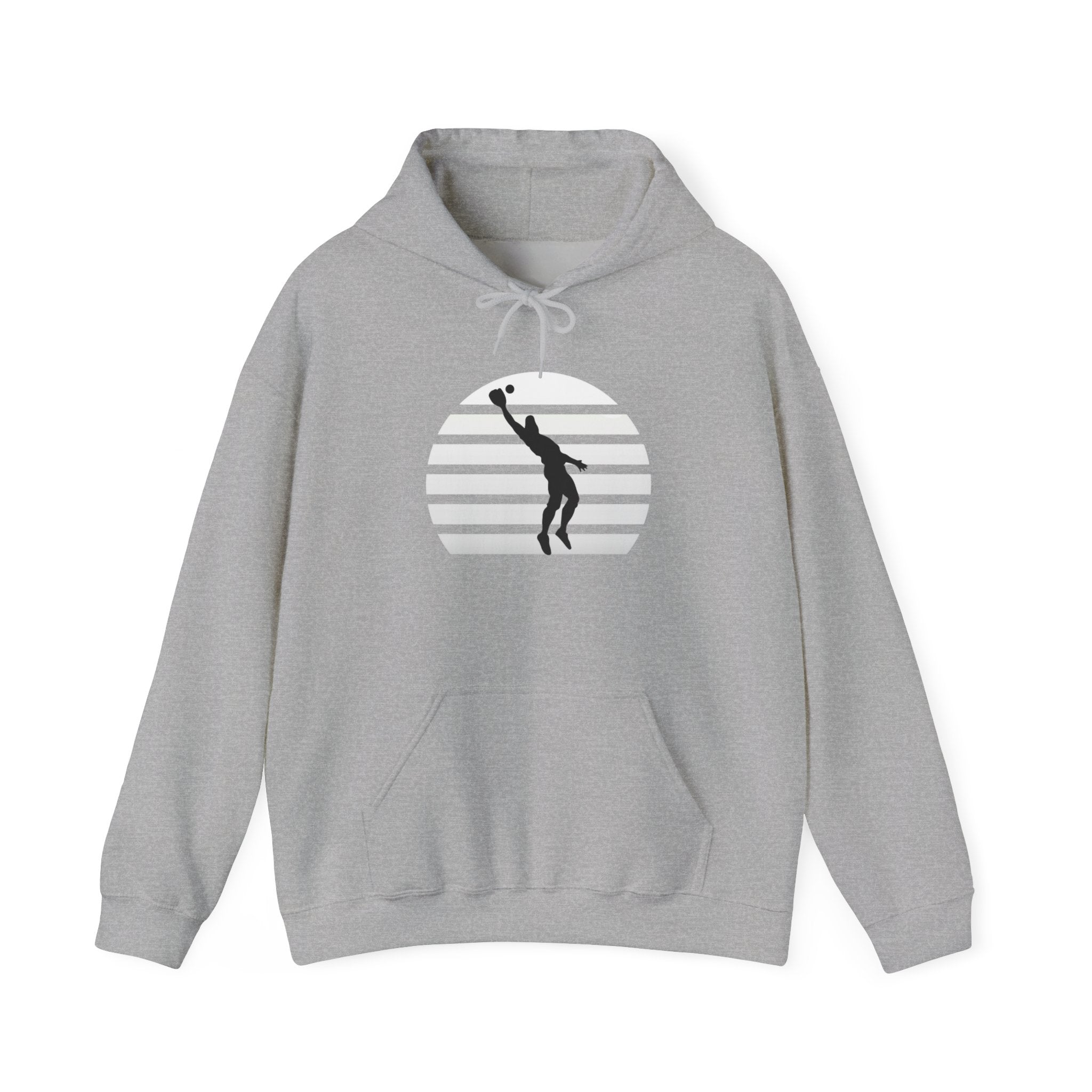 Baseball Silhouette Hoodie - Retro Striped Jumping Catch Design
