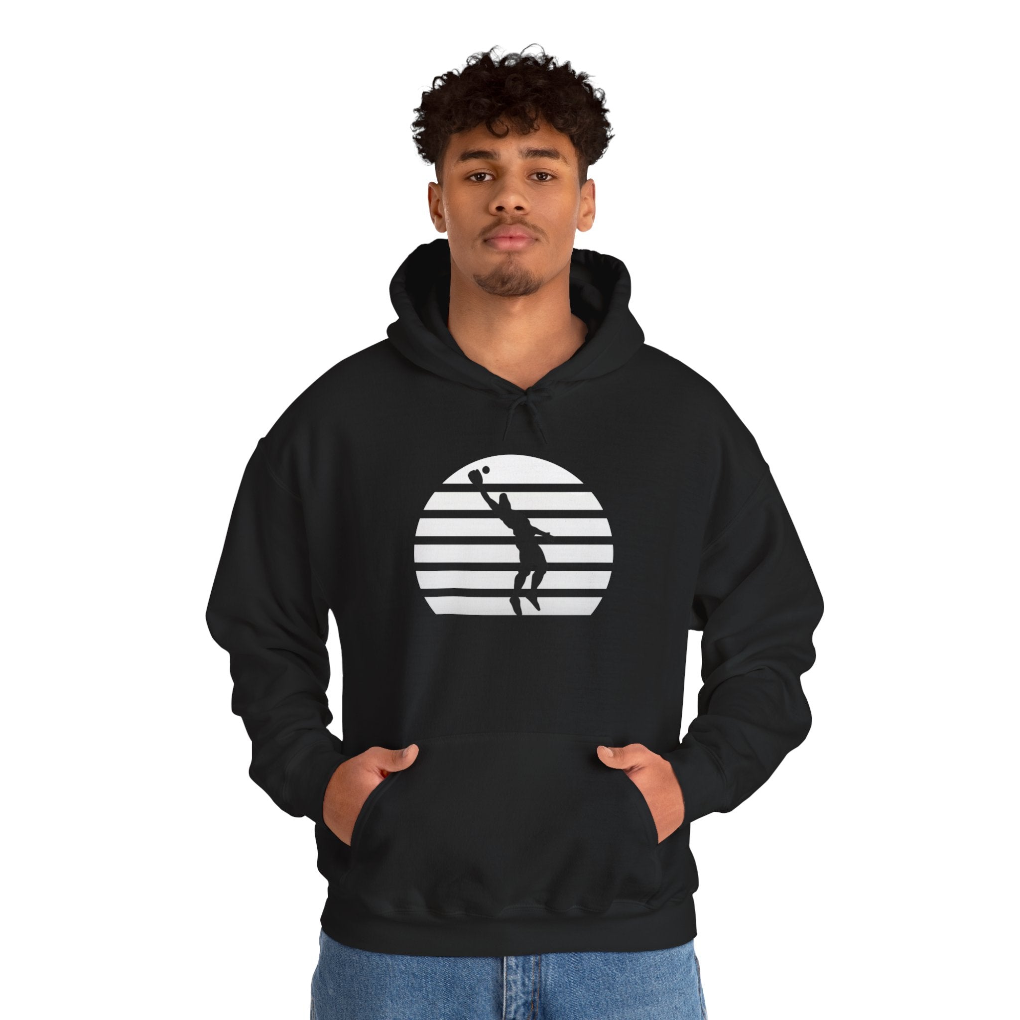 Baseball Silhouette Hoodie - Retro Striped Jumping Catch Design