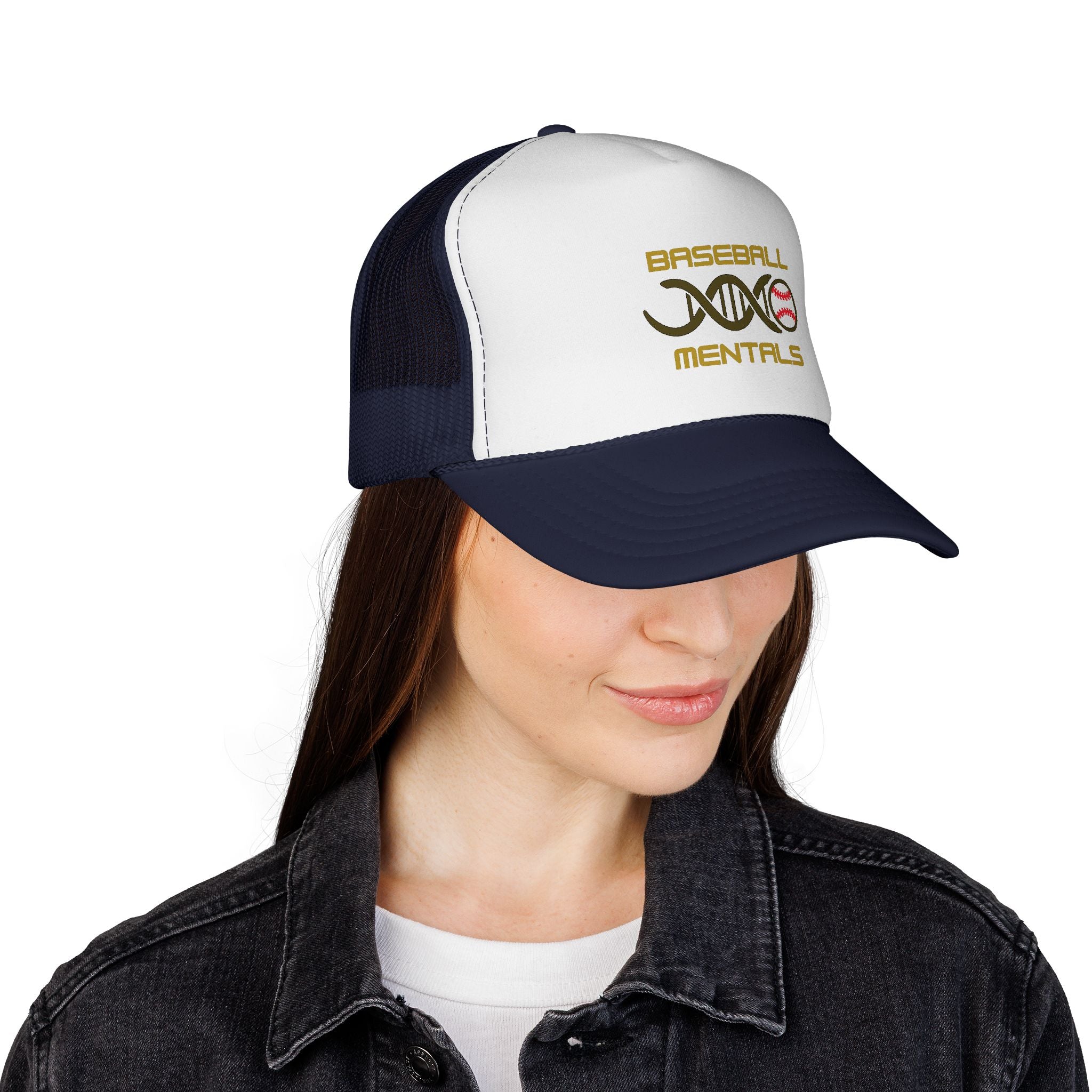 Baseball Cap – “Baseball Genomics” Trucker Hat (DNA Baseball Design)