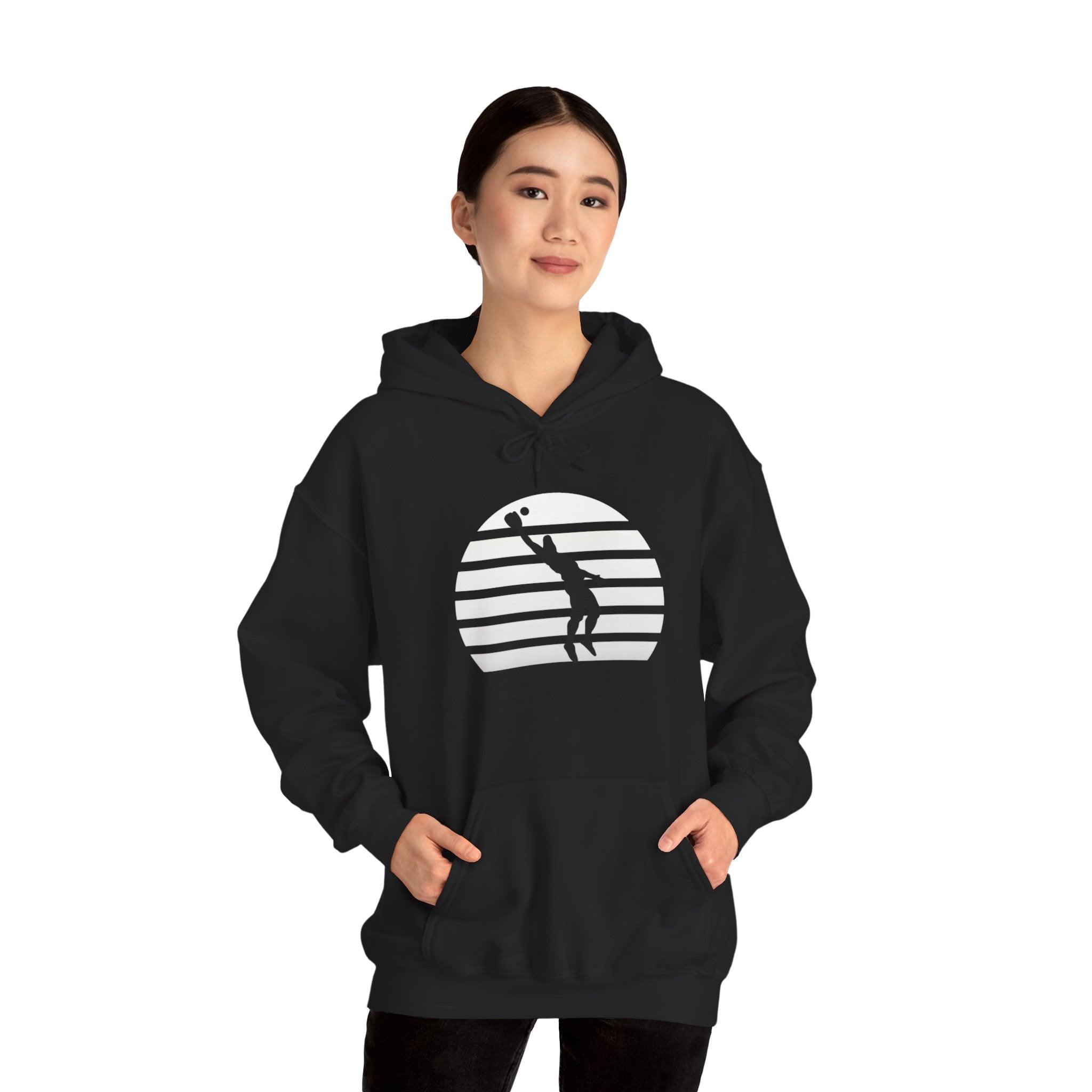 Baseball Silhouette Hoodie - Retro Striped Jumping Catch Design