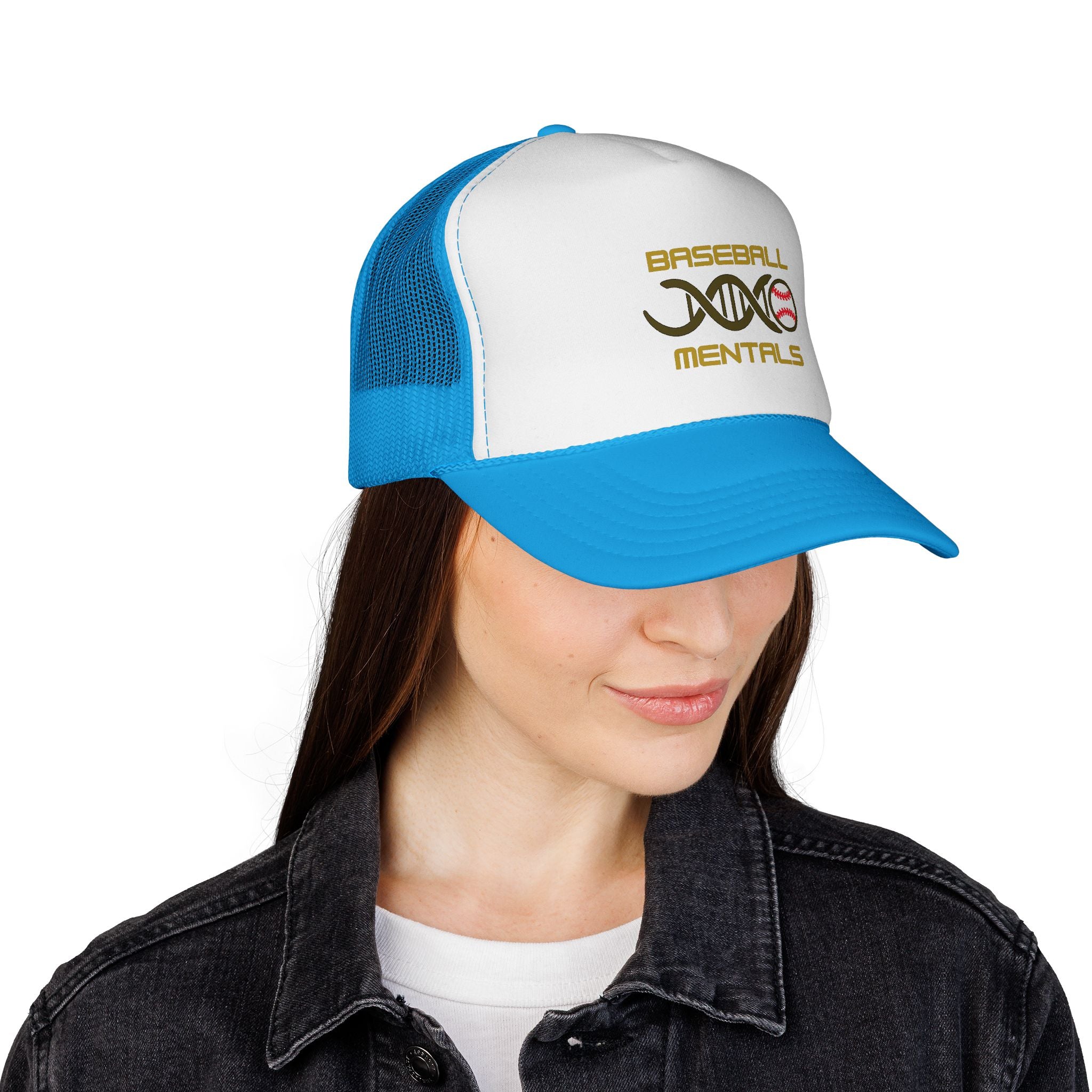 Baseball Cap – “Baseball Genomics” Trucker Hat (DNA Baseball Design)