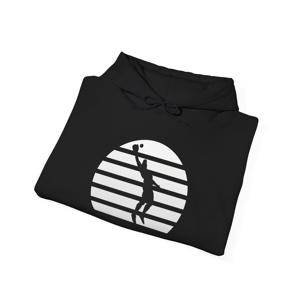 Baseball Silhouette Hoodie - Retro Striped Jumping Catch Design
