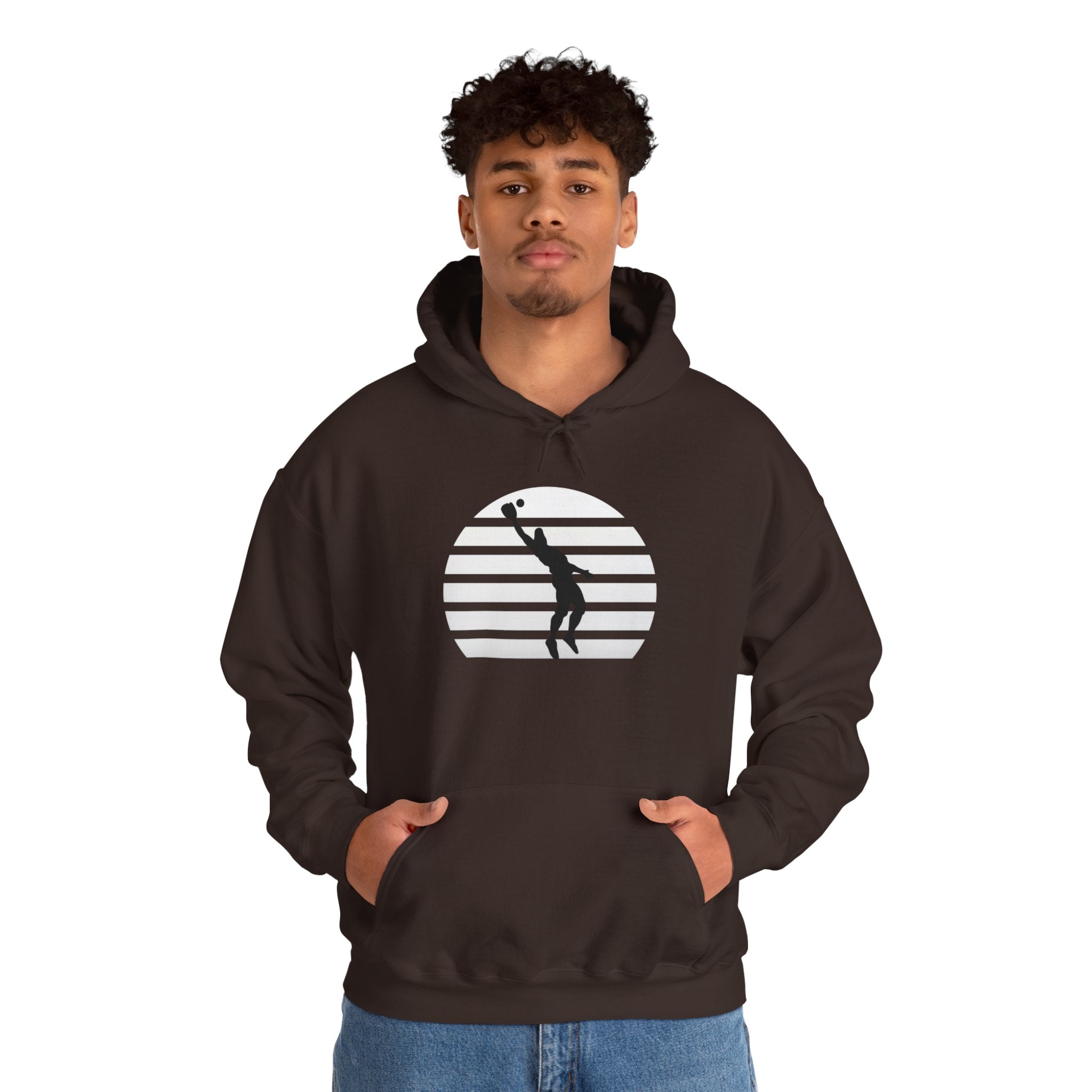 Baseball Silhouette Hoodie - Retro Striped Jumping Catch Design
