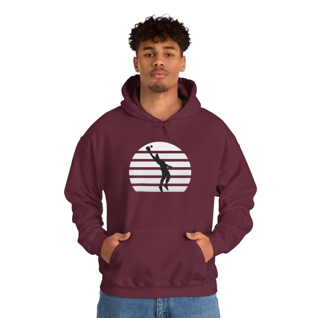 Baseball Silhouette Hoodie - Retro Striped Jumping Catch Design