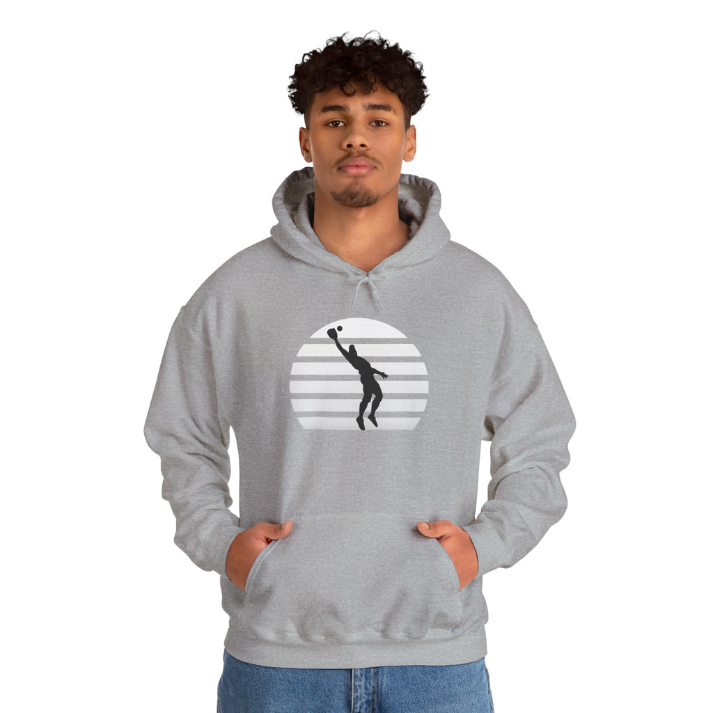 Baseball Silhouette Hoodie - Retro Striped Jumping Catch Design