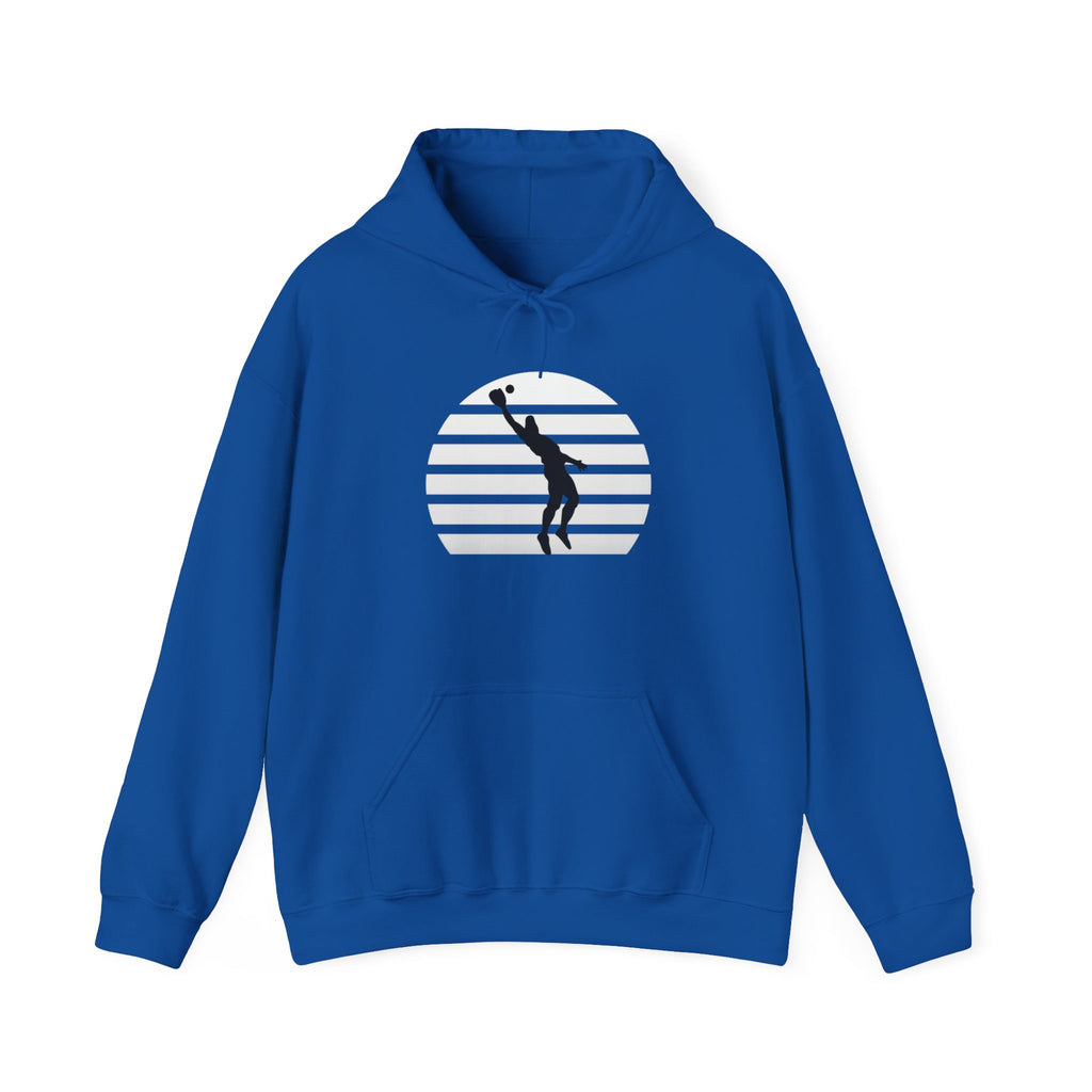 Baseball Silhouette Hoodie - Retro Striped Jumping Catch Design