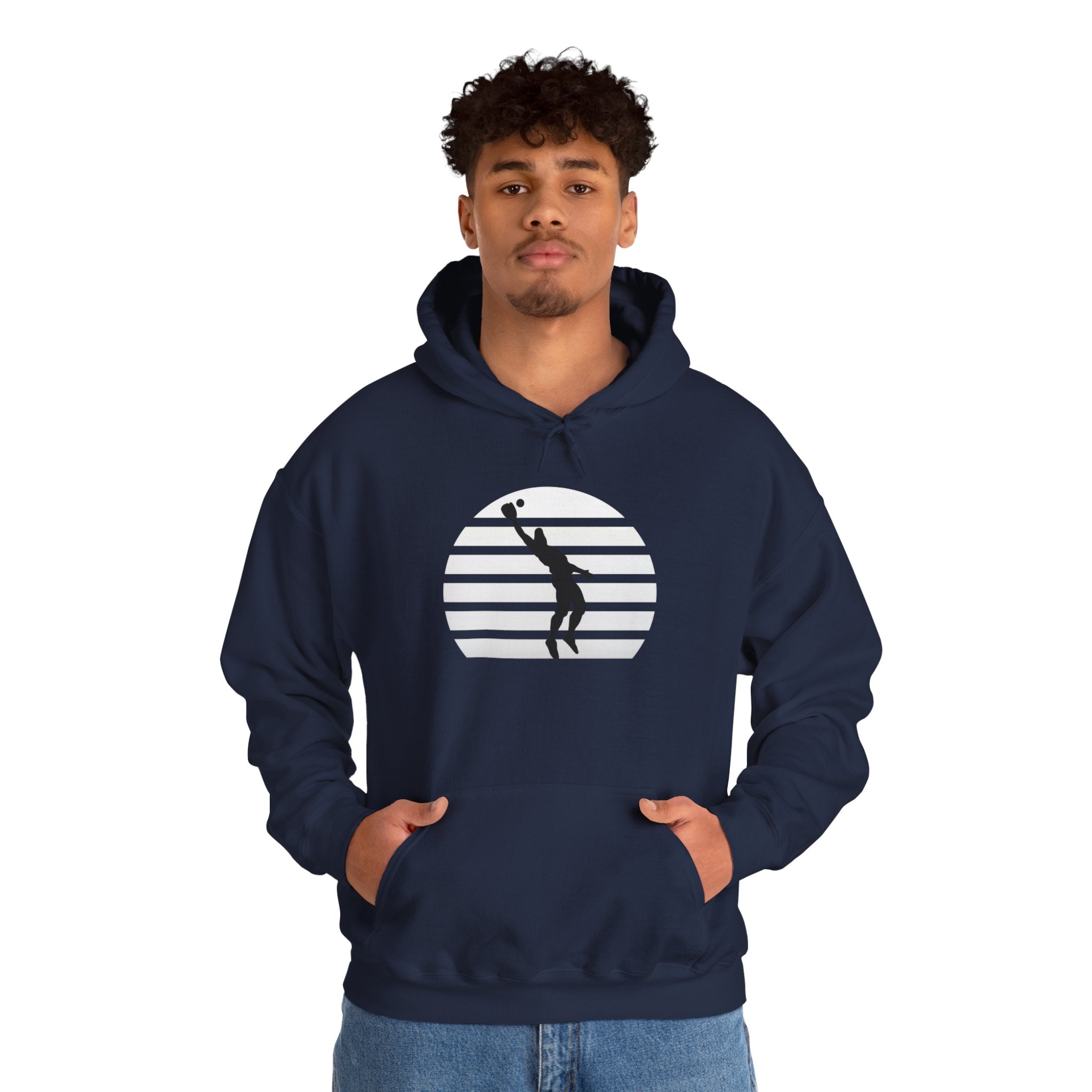 Baseball Silhouette Hoodie - Retro Striped Jumping Catch Design