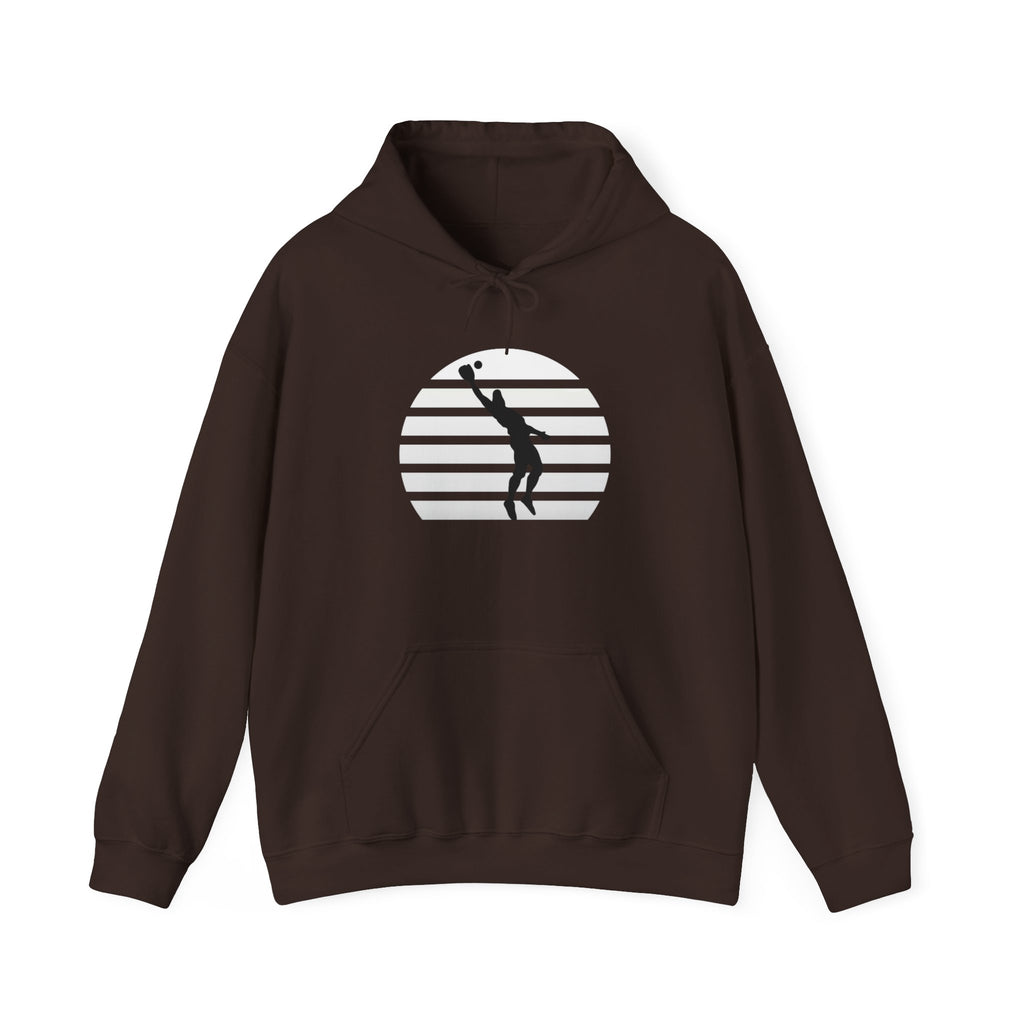 Baseball Silhouette Hoodie - Retro Striped Jumping Catch Design