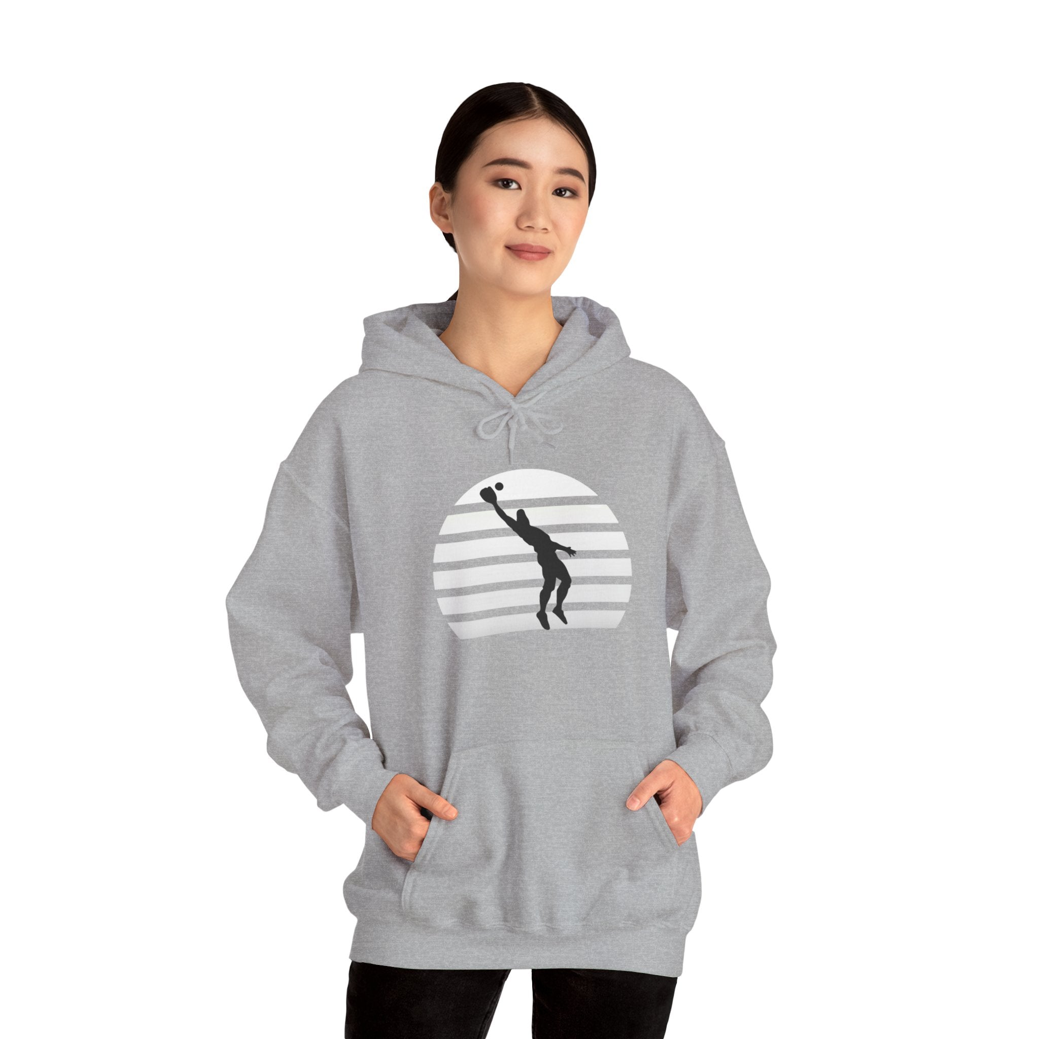 Baseball Silhouette Hoodie - Retro Striped Jumping Catch Design