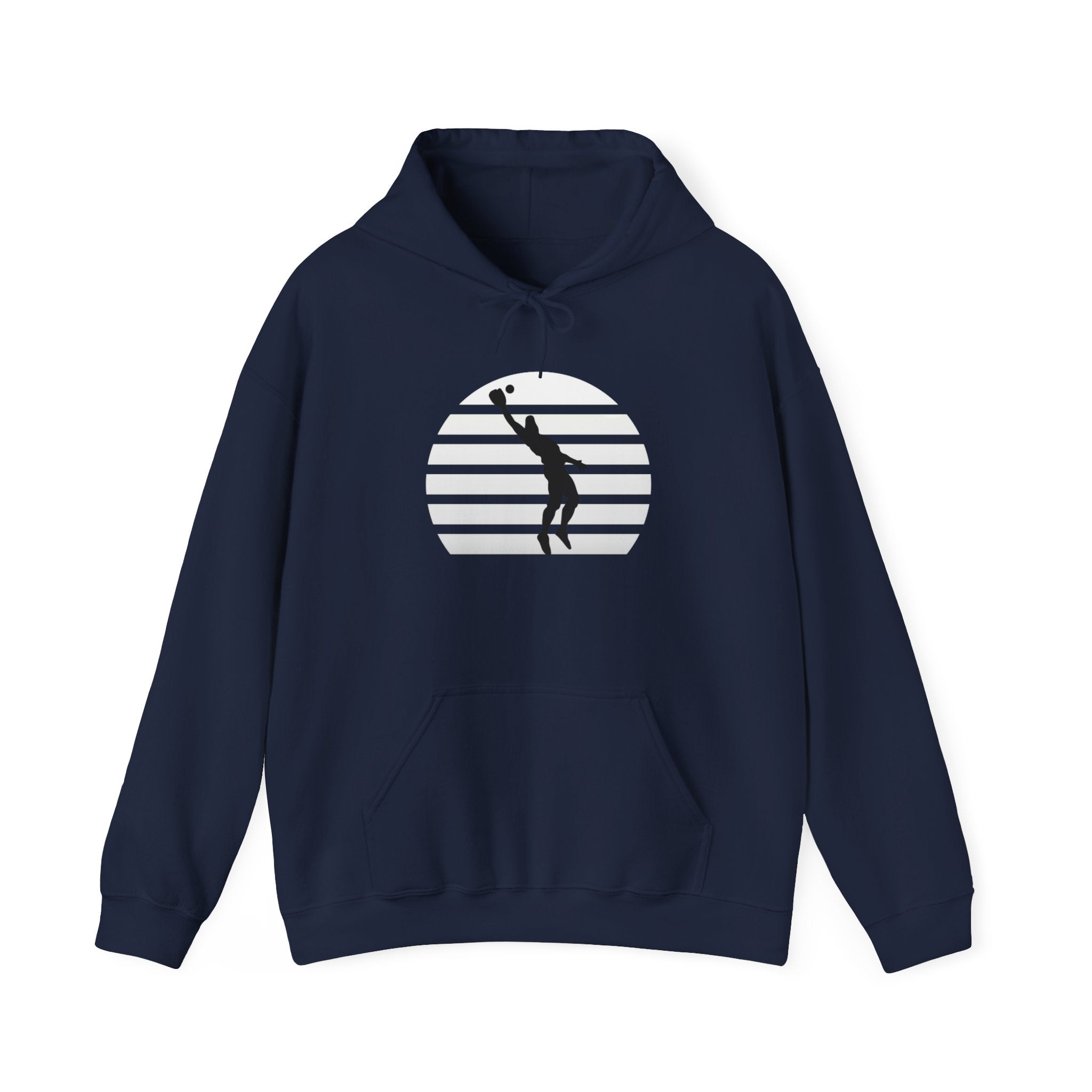 Baseball Silhouette Hoodie - Retro Striped Jumping Catch Design