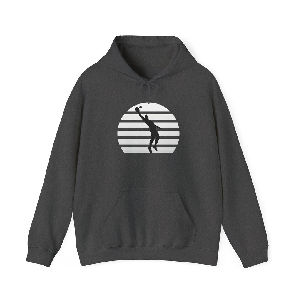 Baseball Silhouette Hoodie - Retro Striped Jumping Catch Design