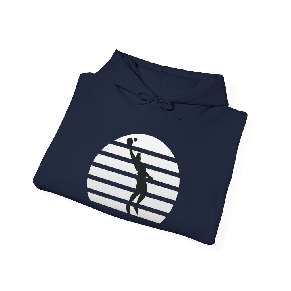 Baseball Silhouette Hoodie - Retro Striped Jumping Catch Design