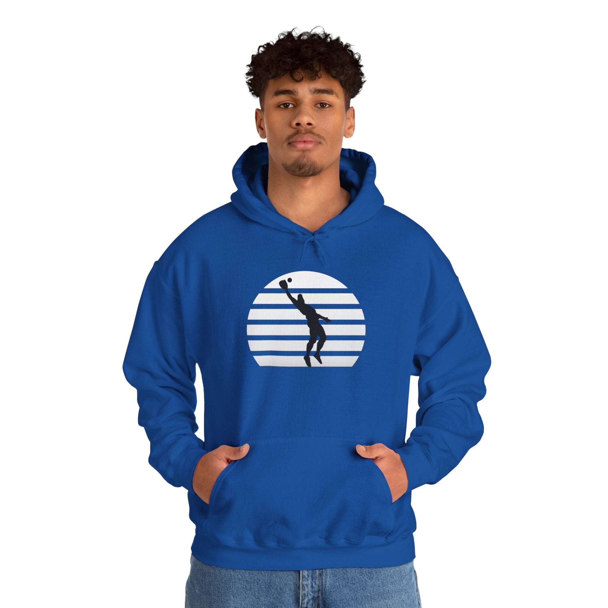 Baseball Silhouette Hoodie - Retro Striped Jumping Catch Design