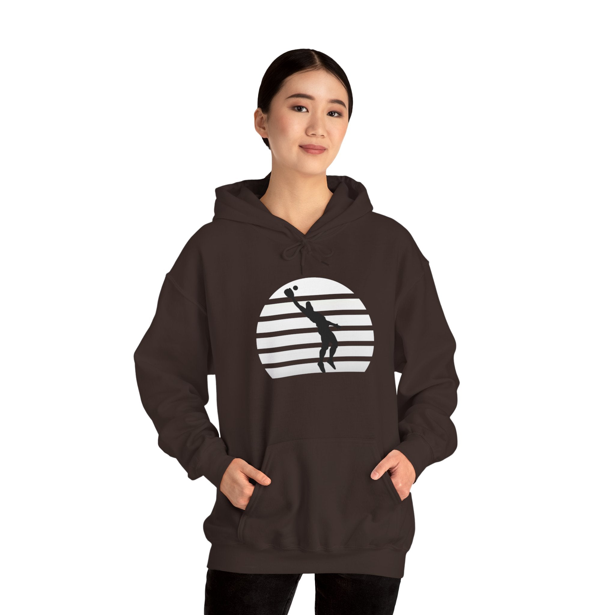 Baseball Silhouette Hoodie - Retro Striped Jumping Catch Design