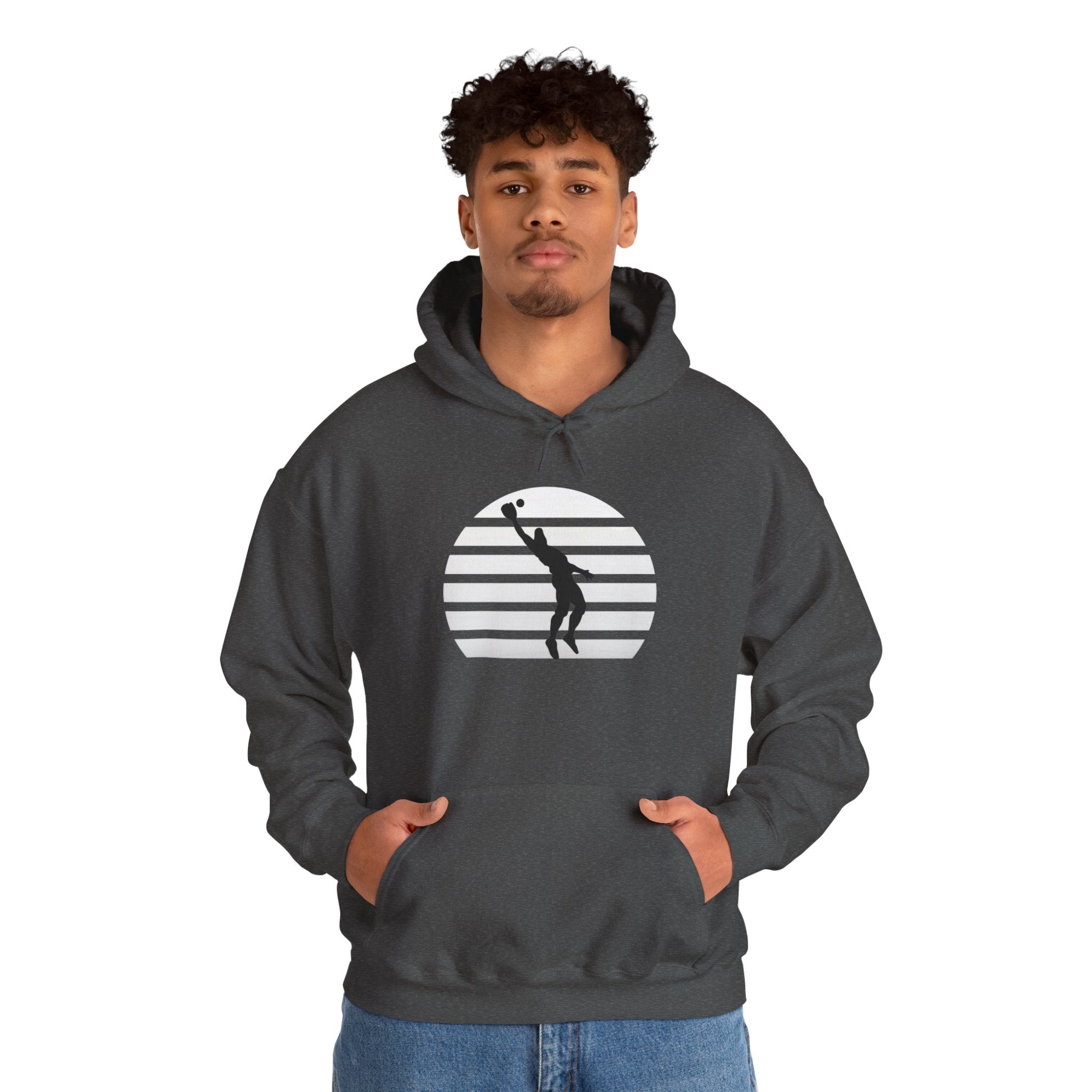 Baseball Silhouette Hoodie - Retro Striped Jumping Catch Design